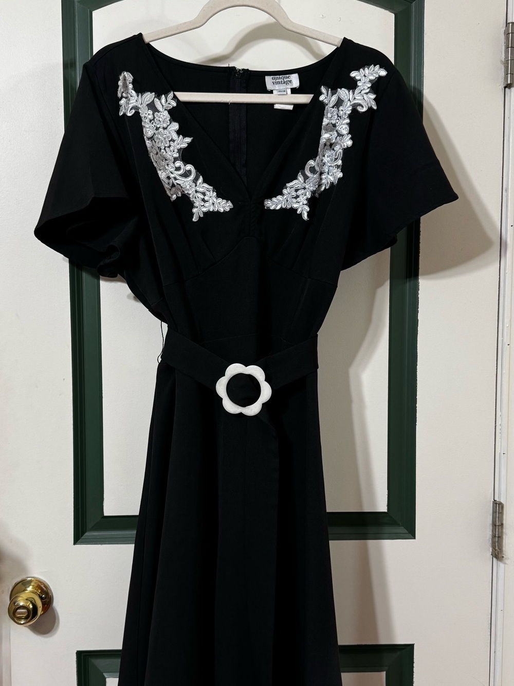 Unique Vintage 1940s Black & Ivory Embroidered Kay Swing Dress